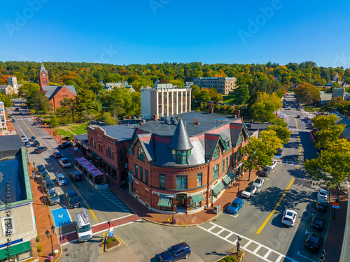 Winchester Center Historic District in fall on Main Street and Mt Vernon Street in town of Winchester, Massachusetts MA, USA.