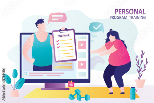 Personal online trainer monitors plump girl training. Overweight woman engaged in individual workout program. Fat female character doing squats under control of instructor.