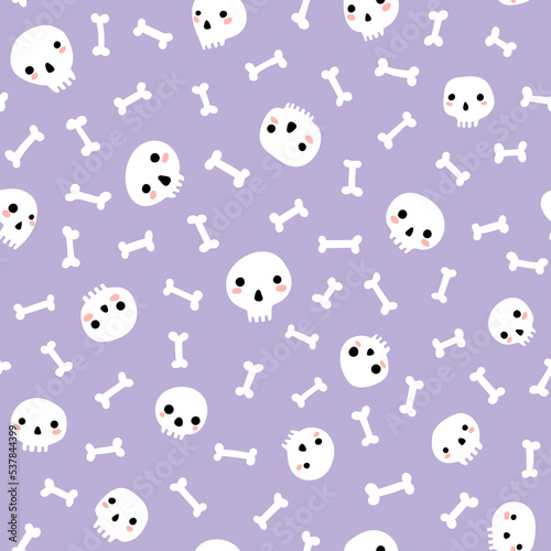 White skulls and bones scattered on light purple background Halloween seamless pattern.
