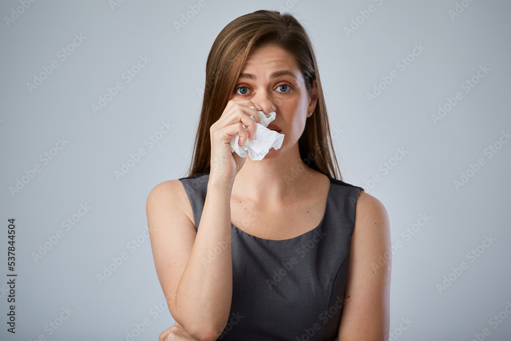 Allergy sick business woman with paper tissue isolated advertising portrait.