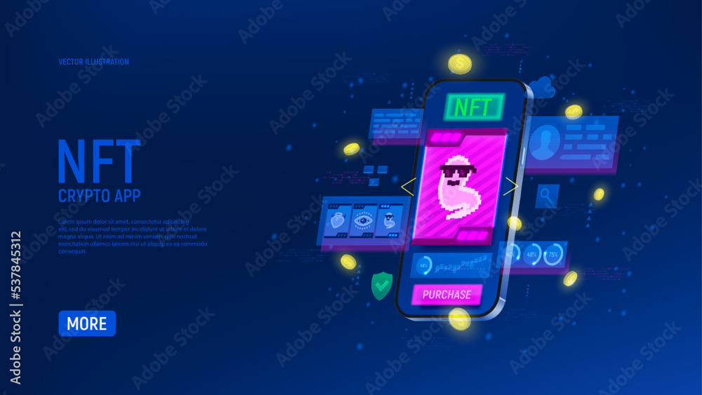 Concept of app for sell NFT art. Mobile phone with of application for buying NFT pictures. 3d vector illustration. Non-fungible token. Digital blockchain technology.
