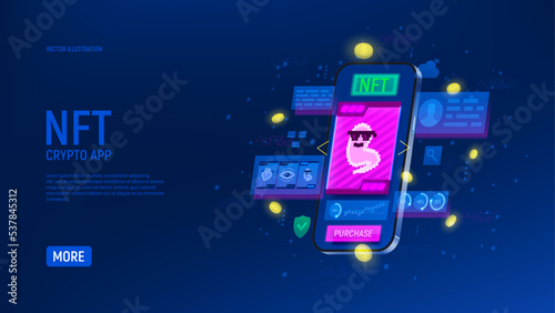 Concept of app for sell NFT art. Mobile phone with of application for buying NFT pictures. 3d vector illustration. Non-fungible token. Digital blockchain technology.