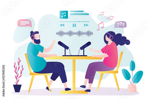 Two bloggers speaks into microphones. Stream, live on radio, workplace. Speakers communicates online, podcast concept. Interview, online talking. Audio recording, live broadcast,