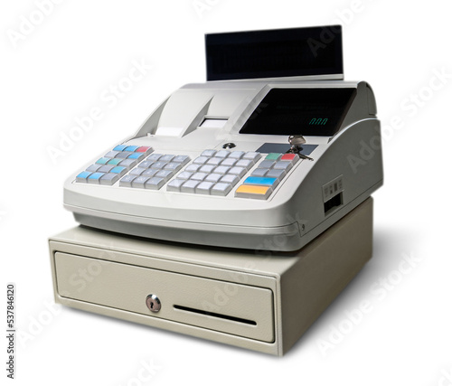 Cash register with LCD display on background photo