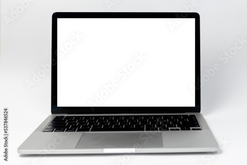 laptop computer frame with isolated white background blank screen. template presentation and advertisement.