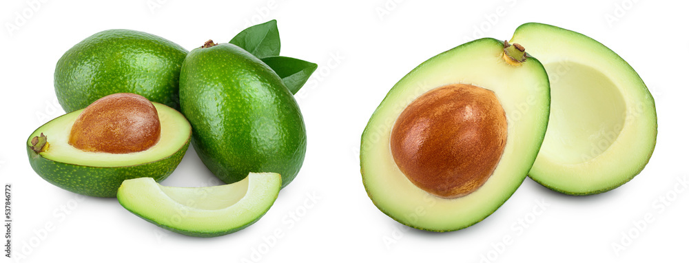 avocado and half with leaves isolated on white background close-up avocado and half with leaves isolated on white background close-up