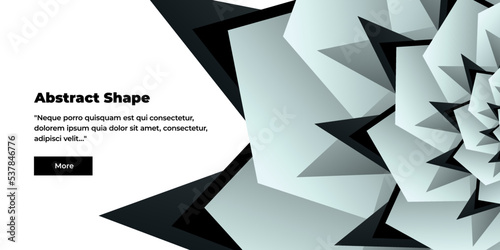 Unusual abstract background on the right with part of a flower with triangular gradient gray, white and black petals and a white background. Template for banner. Abstract half flower pattern