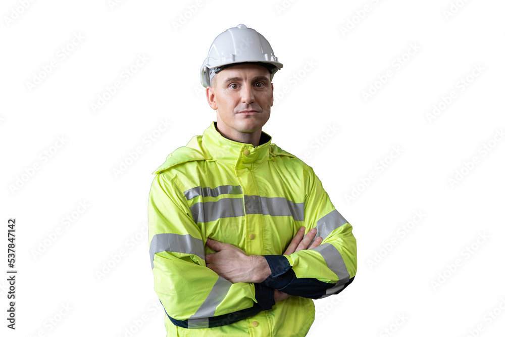 Portrait of male engineer wear uniform and helmet on transparent background Portrait of male engineer wear uniform and helmet on transparent background