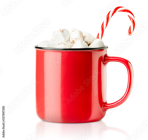 one red mug with hot chocolate, marshmallows and candy cane on a white isolated background