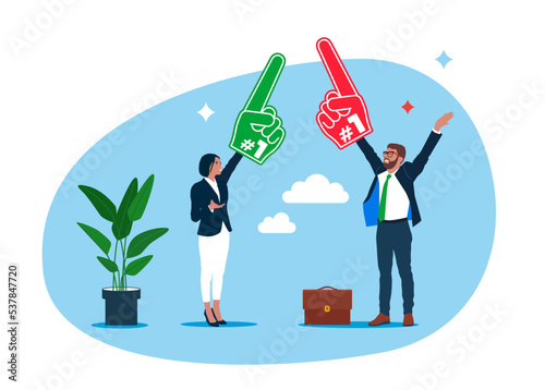 Business people winning competition, achieve goal, succeed in work. Businessman and partner while wearing fan foam finger with number one. Flat vector illustration.