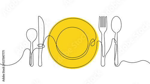 Continuous one line plate. Hand drawn linear tableware spoon fork knife icons simple sketch design. Vector illustration