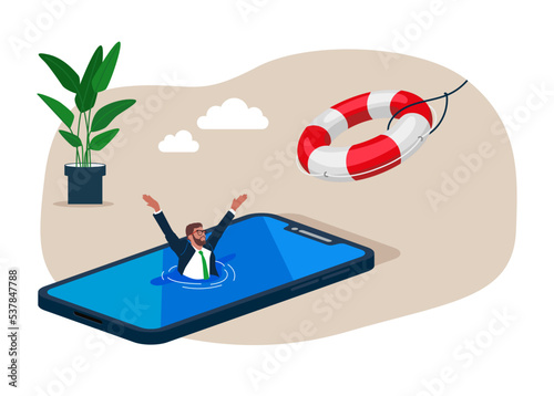 Hopeless businessman drowning in smartphone try to grab lifebuoy from safe guard. Help in crisis, life saver, business support,  security aid to solve problem. Flat vector illustration.