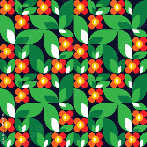 Red flowers and green leaves concept background design. Abstract artistic floral seamless pattern. Vintage geometric style. Decorative ornament. Vector illustration. 