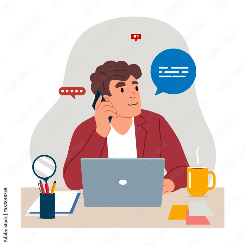 Entrepreneur At Laptop Talking On Phone Looking Aside Communicating For Work Sitting At Table In Office. Businessman Chatting By Cellphone At Workplace. Flat vector illustration. Entrepreneur At Laptop Talking On Phone Looking Aside Communicating For Work Sitting At Table In Office. Businessman Chatting By Cellphone At Workplace. Flat vector illustration.