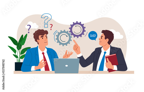 Boss teaches subordinate how to use computer. Modern technologies and error correction in program, help and support, education. Flat vector illustration.