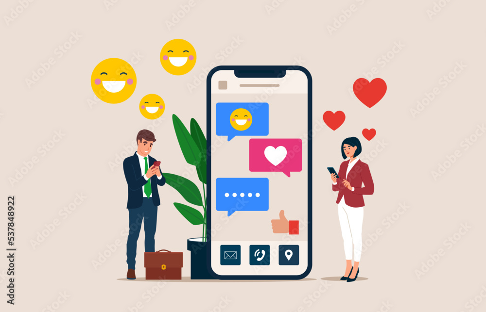 Couple in love writing messages, texting to each other-online chat, friendship and communication. Vector illustration. Couple in love writing messages, texting to each other-online chat, friendship and communication. Vector illustration.