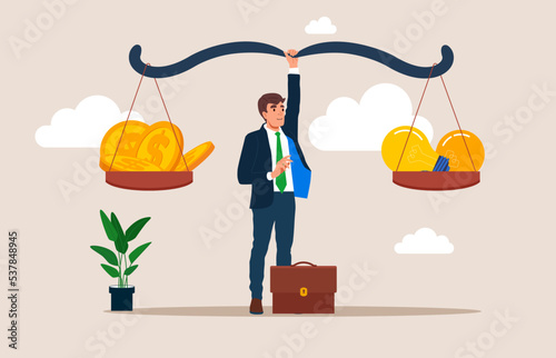 Businessman holds scales with gold coins and light bulbs. Investment in startup, target, management, invest in new idea. Balance money and ideas. Flat vector illustration. 
