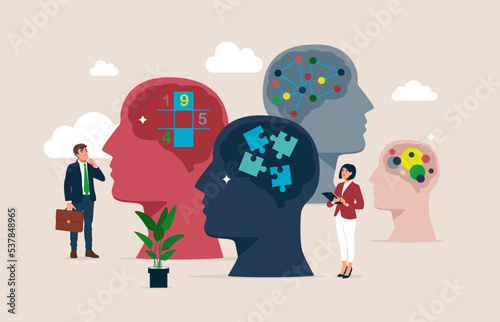 Personality differences and individual thinking styles man and woman. Mental mindset variation in social community with different emotions, behavior. Flat vector illustration.