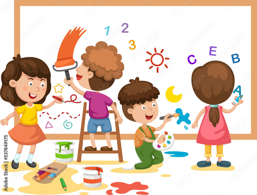 Illustration of children painting white board Illustration of children painting white board