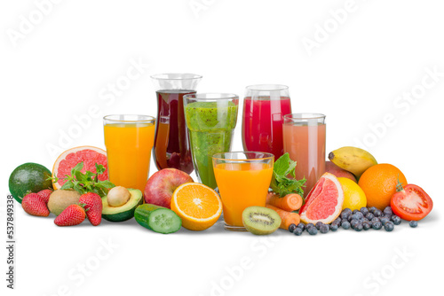 Fotografi Fresh fruits and juice isolated on white backgroundFresh fruits and juice isolat
