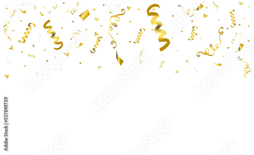 PNG. Gold confetti ribbons  on transparent background. Celebration background party decoration frame template . luxury greeting rich card. Festive design
