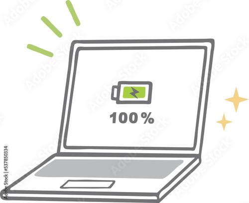 バッテリーが100%のノートパソコン　充電済みのノートPC　イラスト素材