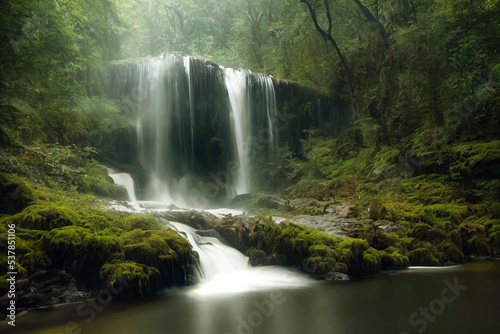 Landscape of beautiful scenery of waterfall in deep forest background  3d rendering