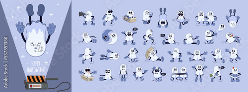 Mega set of ghosts in retro comic cartoon stule. Cute comic gloved hands characters in Contemporary style. Doodle comic characters for autumn holiday of the halloween.
