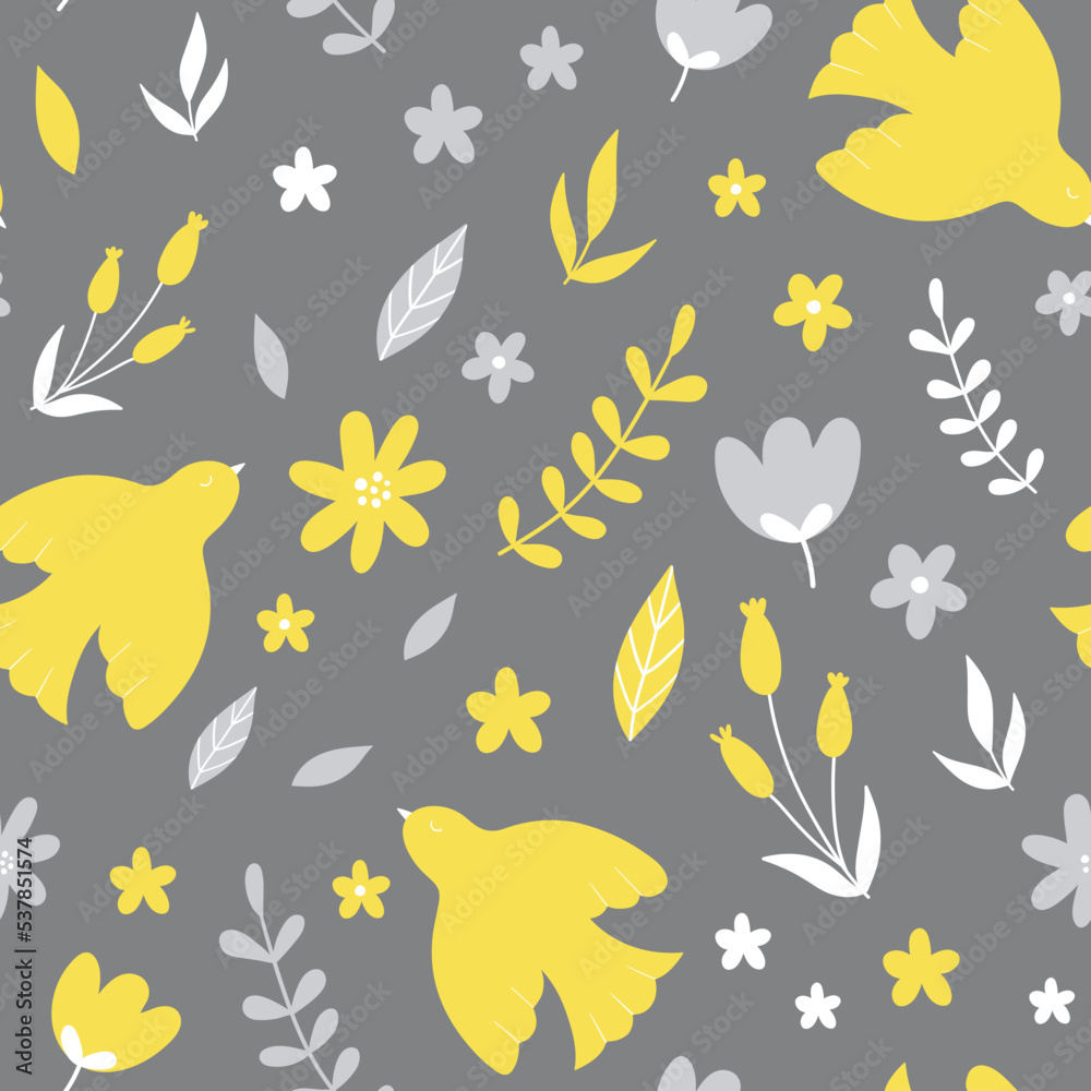 Seamless pattern with yellow  flowers and birds on gray background. Doodle illustrations with stylized decorative floral elements. Fabric design with flat colors, for wrapping paper.