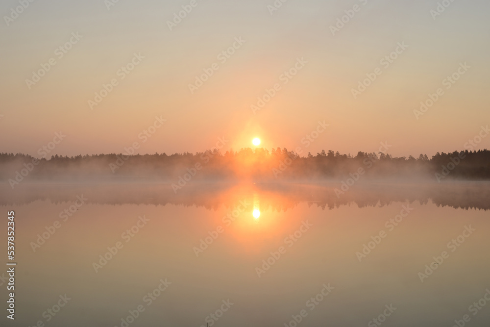 Sunrise on a forest lake. Beautiful foggy morning nature landscape. Calm scene. Dawn, mist, calm water
