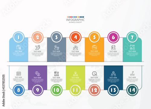 Square infographic with 14 steps, process or options.