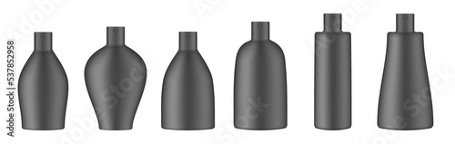 Set of black cosmetic bottles. Realistic mockup. Korean packaging. Lotion or shower gel. Conditioner or hair mask	