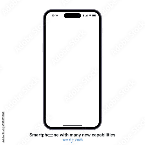 new frameless smartphone purple color with blank screen saver front view isolated on white background. mockup of realistic and detailed mobile phone with shadow. vector illustration