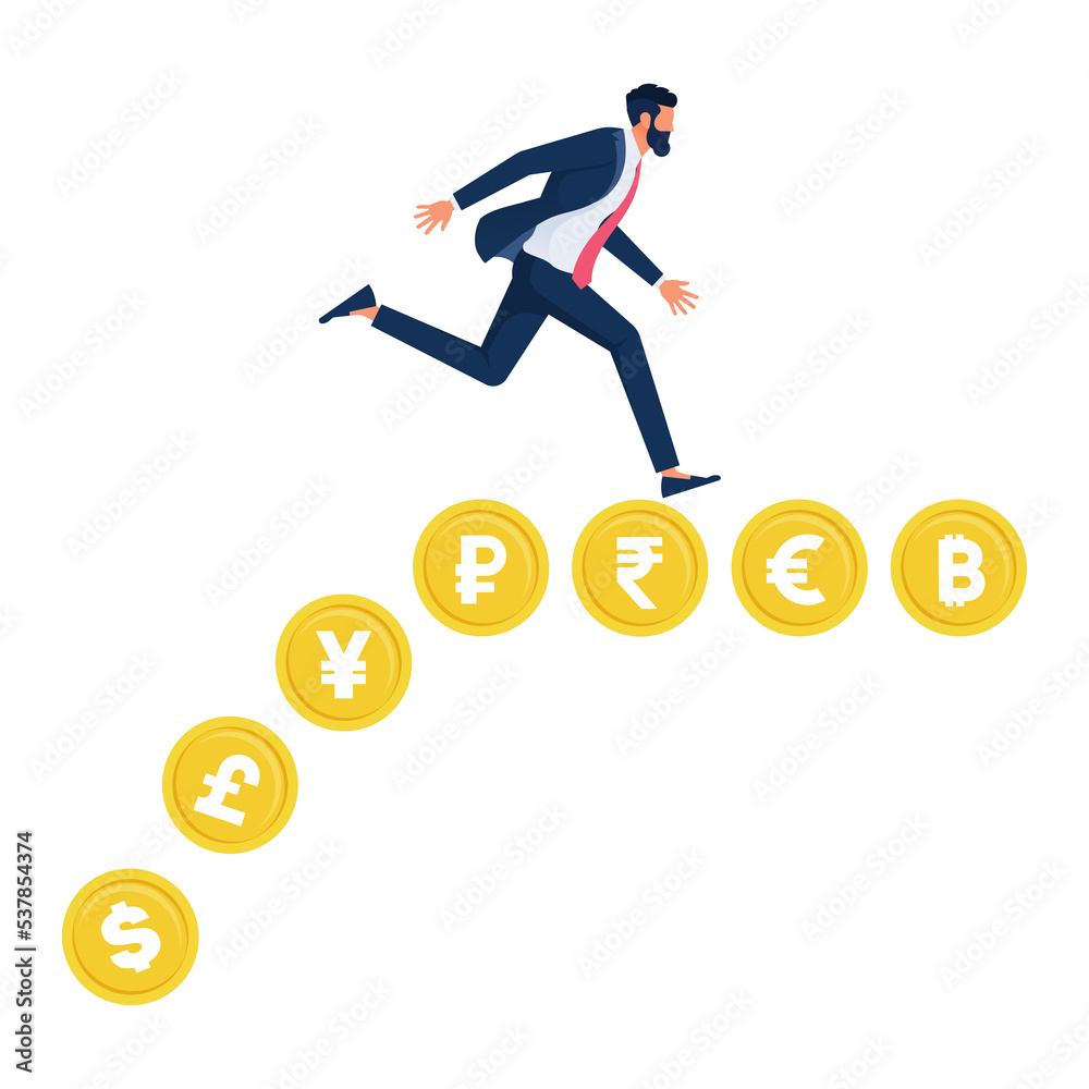 Businessman escaping from falling Currency symbol, currency exchange crisis and investment concept Businessman escaping from falling Currency symbol, currency exchange crisis and investment concept