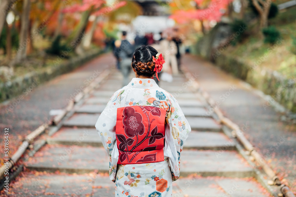 Fototapeta premium Young women wearing traditional Japanese Kimono with colorful maple trees in autumn is famous in autumn color leaves and cherry blossom in spring, Kyoto, Japan.