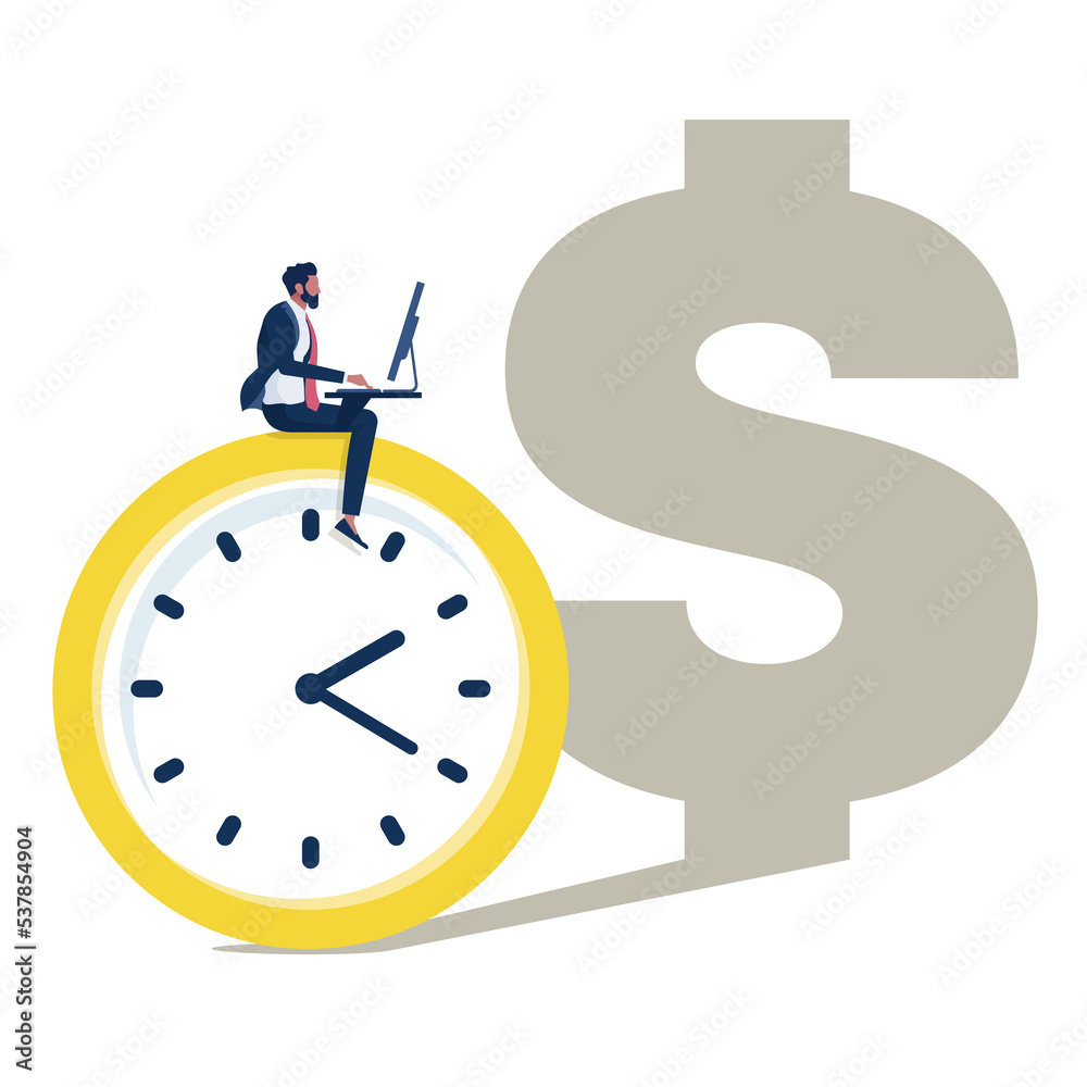 Time to make money concept, businessman working on clock to make money with dollar sign shadow Time to make money concept, businessman working on clock to make money with dollar sign shadow