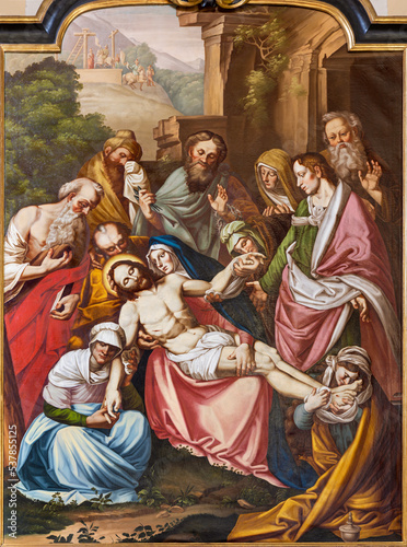 AOSTA, ITALY - JULY 14, 2018: The painting of Deposition - Pieta in the church Cattedrale di Santa Maria Assunta  from 19. cent.