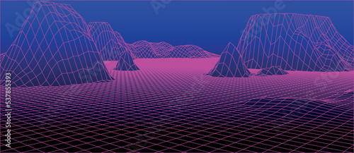 Abstract digital landscape. Wireframe landscape background. 3d futuristic vector illustration.