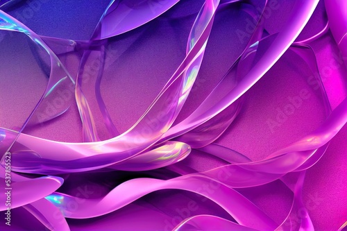 3d render abstract background in nature landscape. Transparent glossy glass ribbon on water. Holographic curved wave in motion. Purple gradient design element for banner background, wallpaper.
