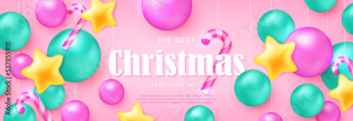 Merry Christmas composition 3D cartoon cute decoration ball star ornaments and candy cane