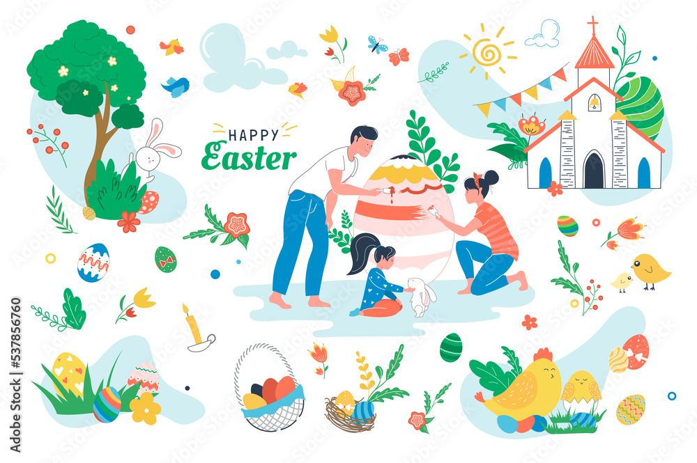Fototapeta premium Happy Easter set isolated elements. People painting on paschal egg. Holiday symbols bundle - egg baskets, church, candles, chicken, rabbit, spring flowers. Illustration in flat cartoon design
