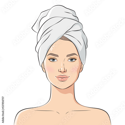 Beautiful young woman face with bath towel on her head, vector illustration