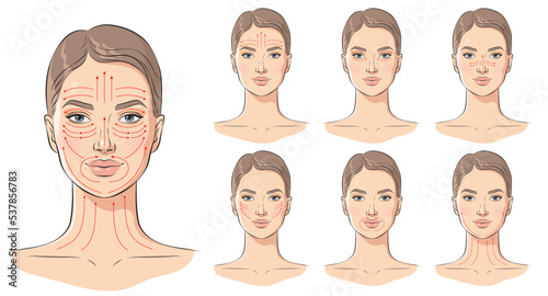 Face massage lines. Facial massage instructions, vector illustration