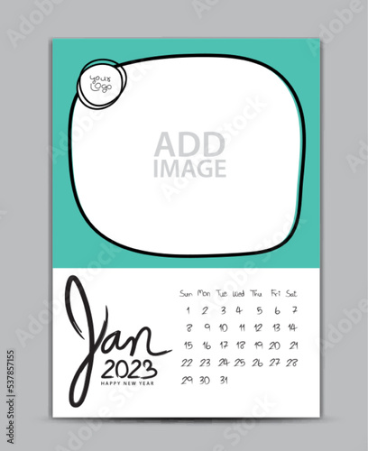 Calendar 2023 year design - January 2023, wall calendar 2023 year, Lettering calendar, Desk calendar template, week starts on sunday, printing, advertiement, Green background, vector photo