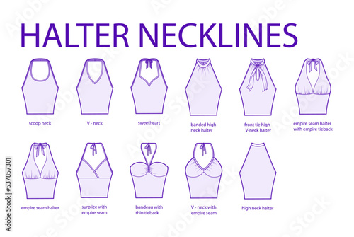 Set of necklines halter clothes - tops, blouses, shirts sweetheart, front tie, scoop, empire, V-neck technical fashion illustration with fitted body. Flat apparel template. Women men unisex CAD mockup photo