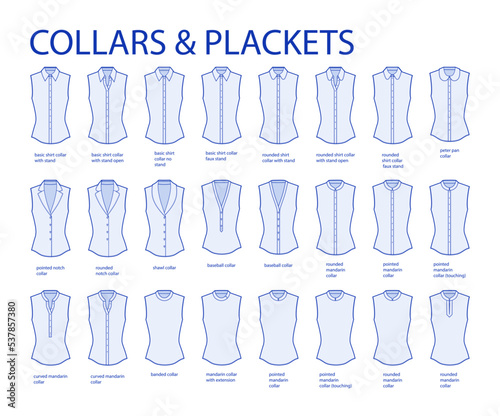 Set of necklines of collars and plackets, stand, mandarin, baseball necks clothes tops, shirts, blouses technical fashion illustration. Flat apparel template front side. Women, men unisex CAD mockup