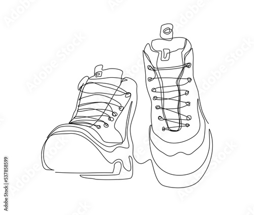 Continuous one line drawing of man work boots. Safety hiking boots line art drawing.