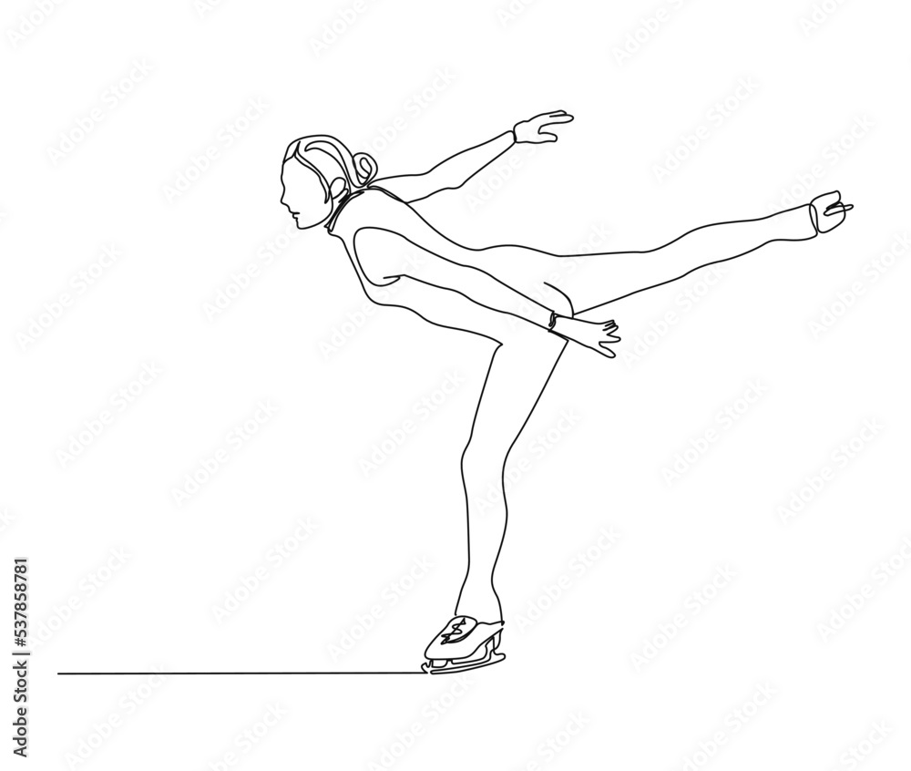 Continuous one line drawing of beautiful figure skating girl. Ice skating line art drawing
