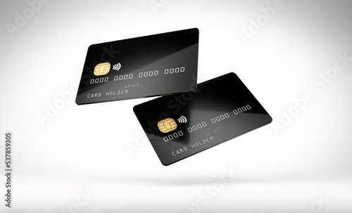 Black glossy credit card mock up, white background, 3D Illustration