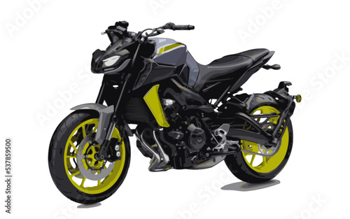 Motorcycle naked 900 cylinder gray and lime green. Vector image on white background.